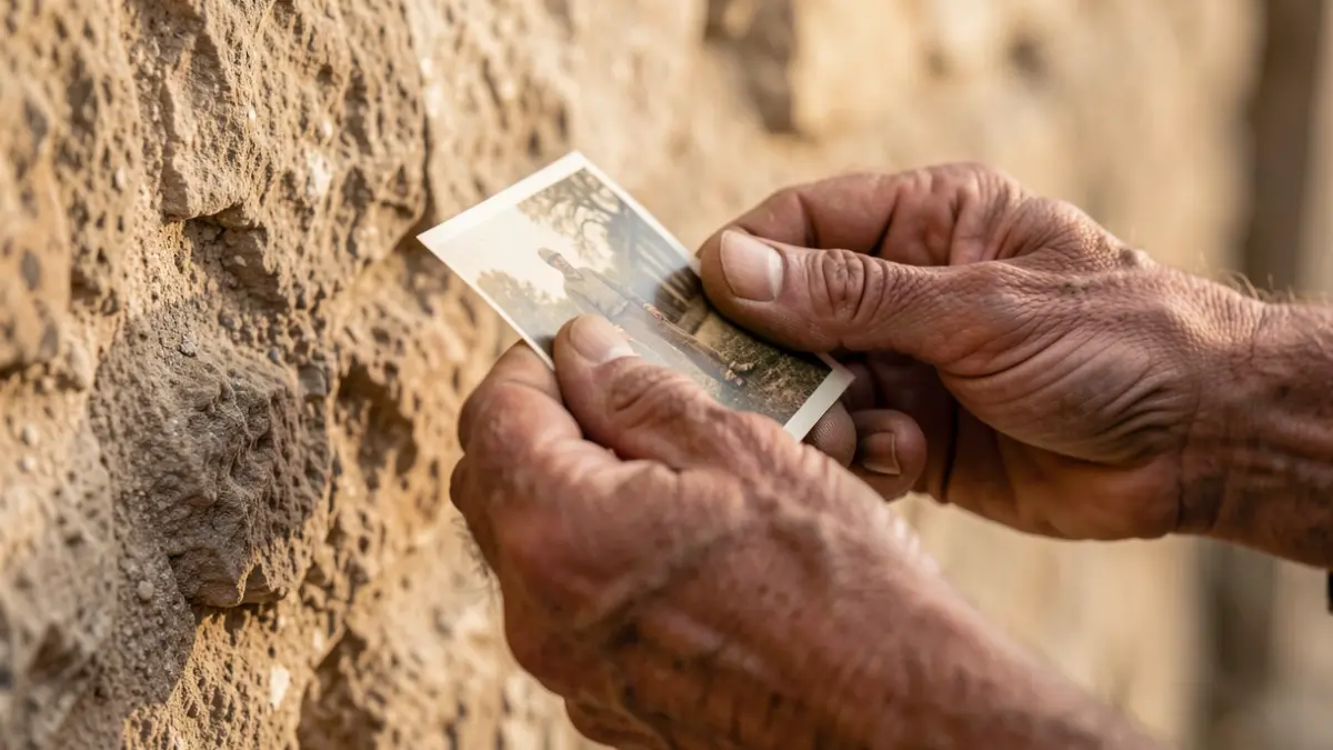 Generic image of aged hands holding an old photograph and touching a rustic wall, with warm light.