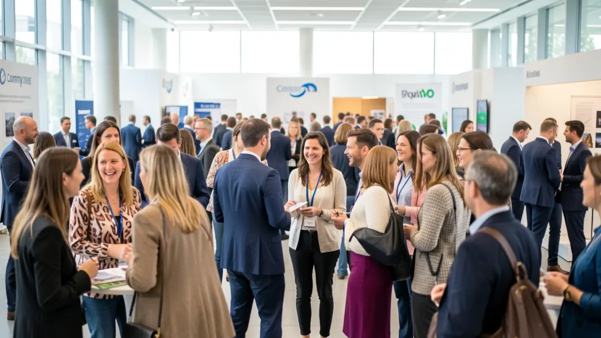 Generic image of a job fair with diverse people and a professional atmosphere.