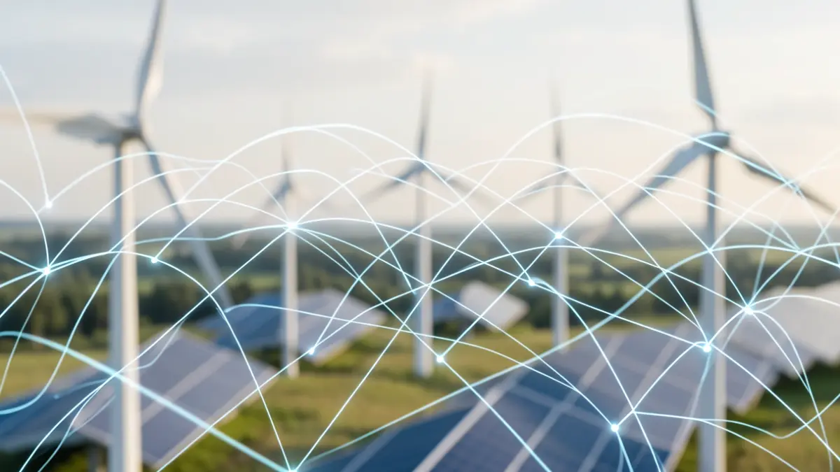 Imagen genérica de una red abstracta de energía limpia con símbolos de energías renovables.