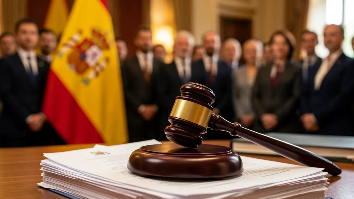 Generic image of a judge's gavel on official documents with a blurred Spanish flag.