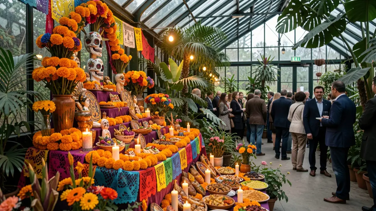 Imagen genérica: decorado con flores, papel picado y ofrendas.