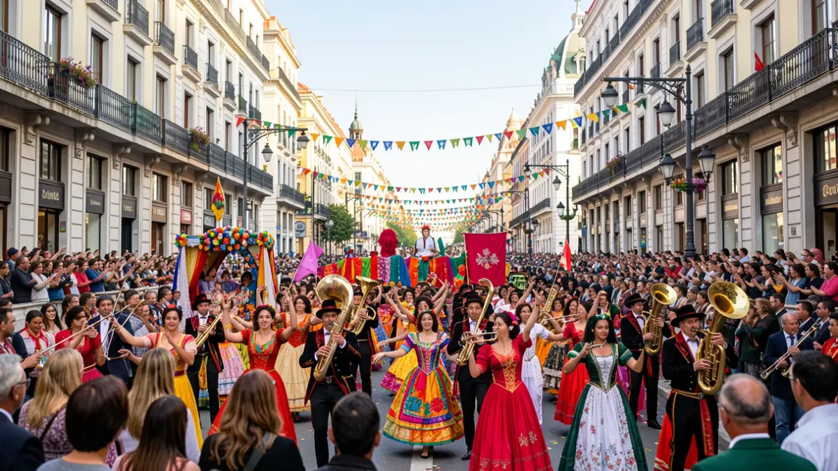 Generic image of a festive parade in Madrid with participants of various nationalities.