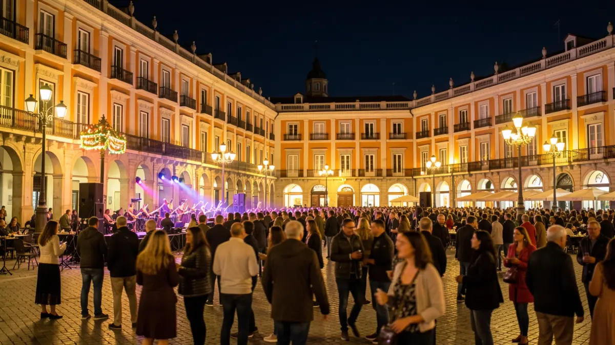 Generic image of Madrid's Plaza Mayor at night, with people enjoying a concert.