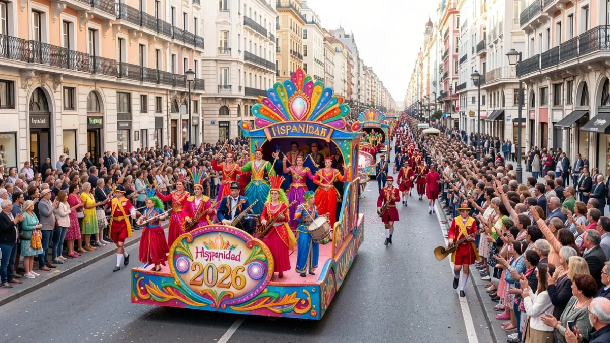 Imagen de la cabalgata de Hispanidad 2026 en la Gran Vía de Madrid, con carrozas, bailarines y público.