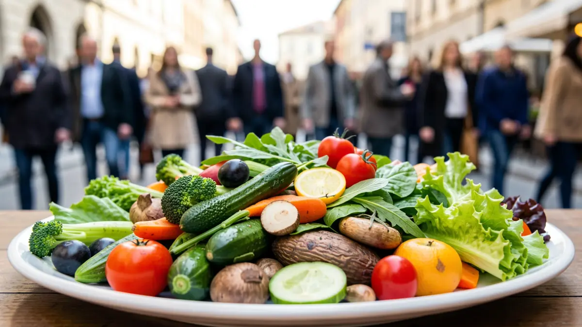 Imagen de un plato de verduras frescas y coloridas, protagonista de la gastronomía verde en Madrid.