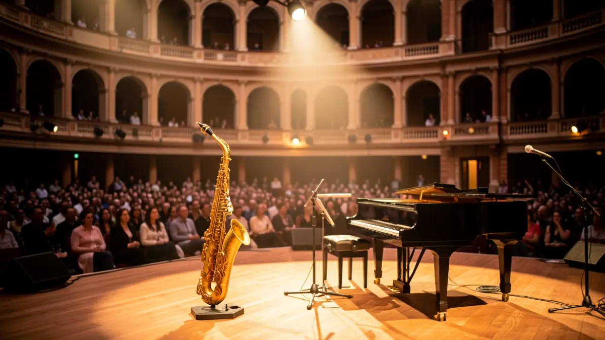 Image of a jazz fusion masterclass at the Teatro Magno in Madrid, with an empty stage and a saxophone and piano.