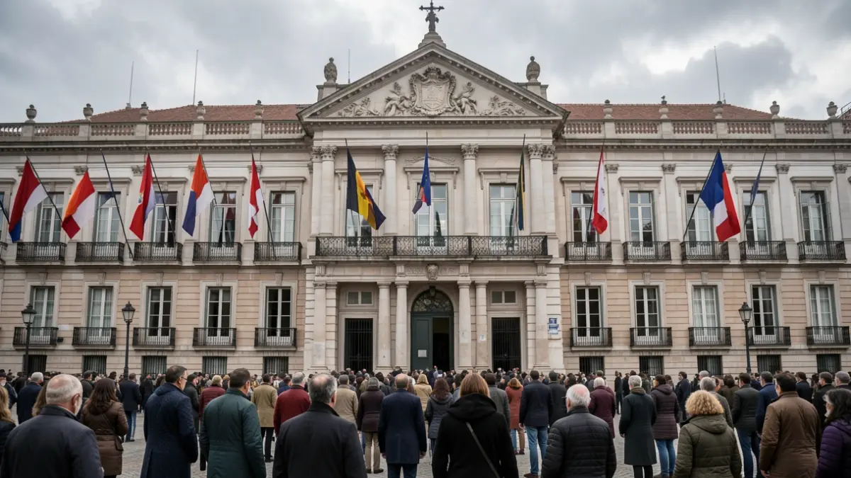 Generic image of the facade of a public building in Madrid with flags at half-mast.