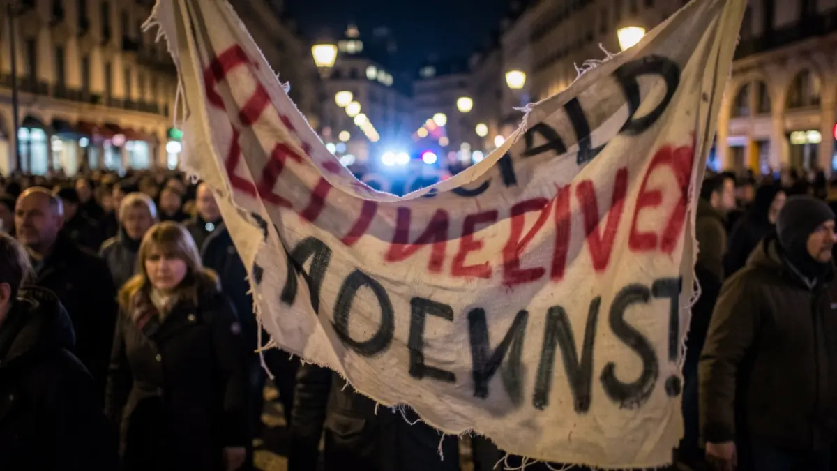 Imagen genérica de una pancarta de protesta rota con lemas agresivos y borrosos, en un ambiente tenso.