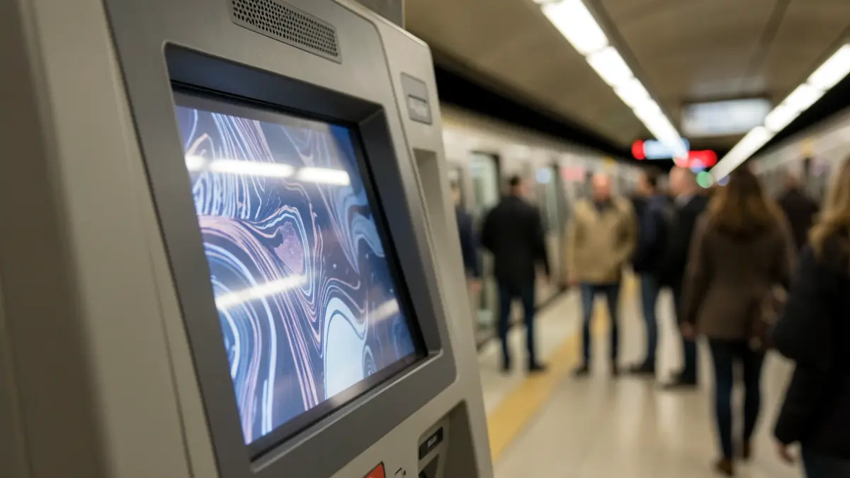 Madrid Metro ticket vending machine with the platform blurred in the background.