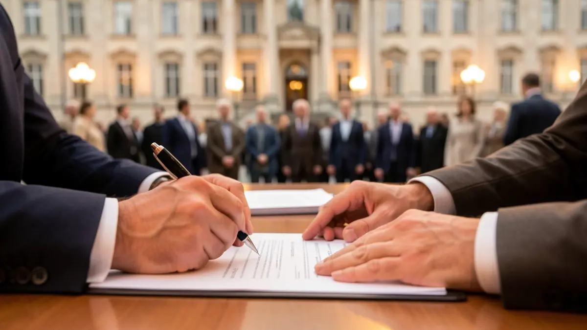 Imagen genérica de manos firmando un documento oficial en un escritorio, con un edificio institucional desenfocado al fondo.