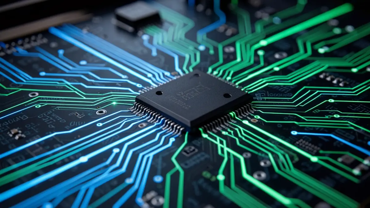 Imagen genérica de una placa de circuito electrónico con líneas de luz azules y verdes, representando inteligencia artificial y ciberseguridad.