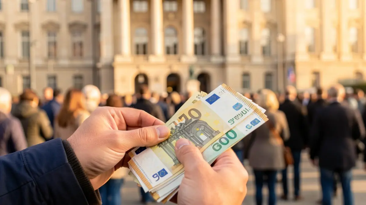 Imagen genérica de manos sosteniendo billetes de euros con un edificio gubernamental borroso al fondo.