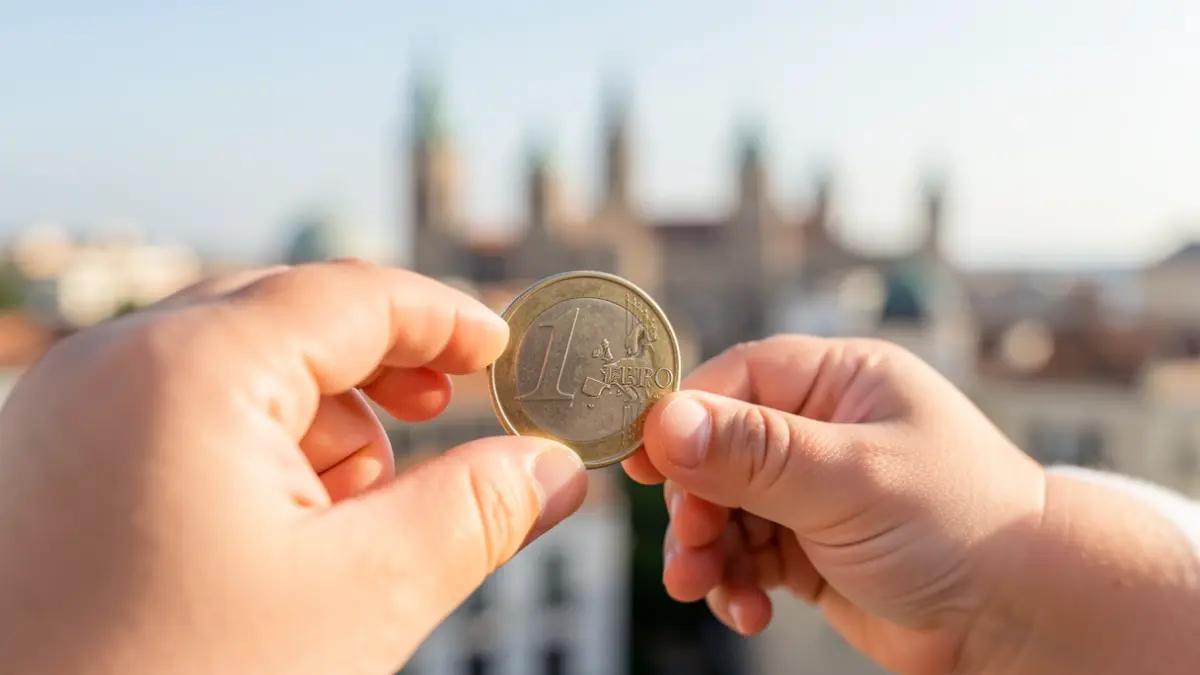 Imagen simbólica de una mano de bebé tocando una moneda de euro, con el perfil de Madrid al fondo.