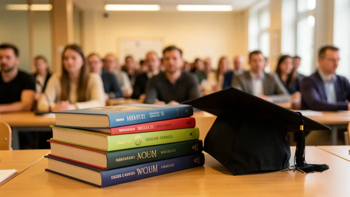 Generic image of academic books and a graduation cap on a desk.