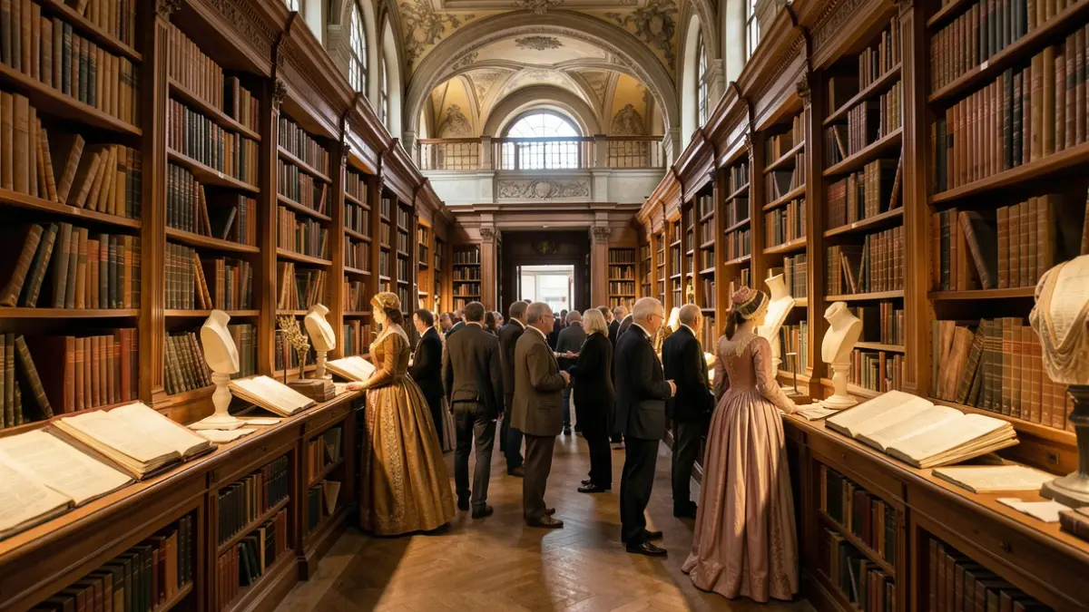 Image of an exhibition about the Golden Age of theater in Madrid, featuring old books and costumes.