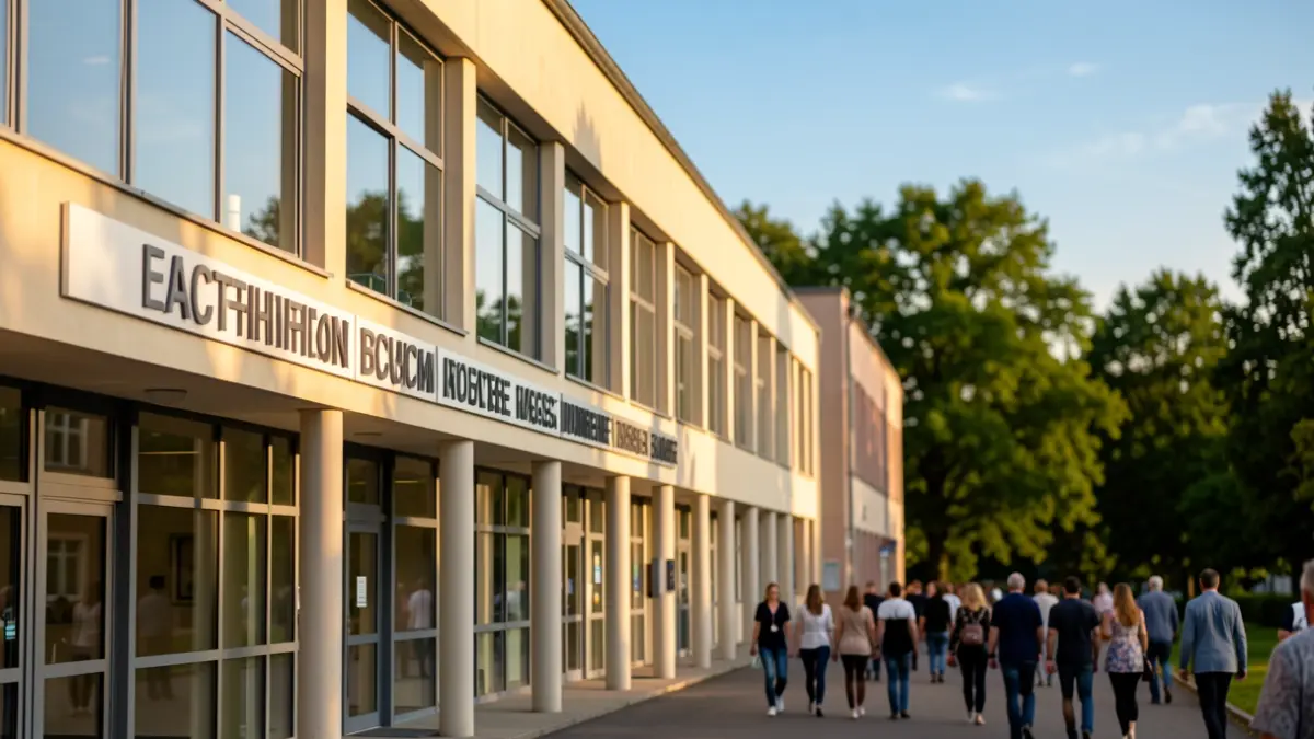Facade of a modern educational institution building with large windows and clear signage, bathed in warm afternoon sunlight, with a blurred background of green trees and blue sky.