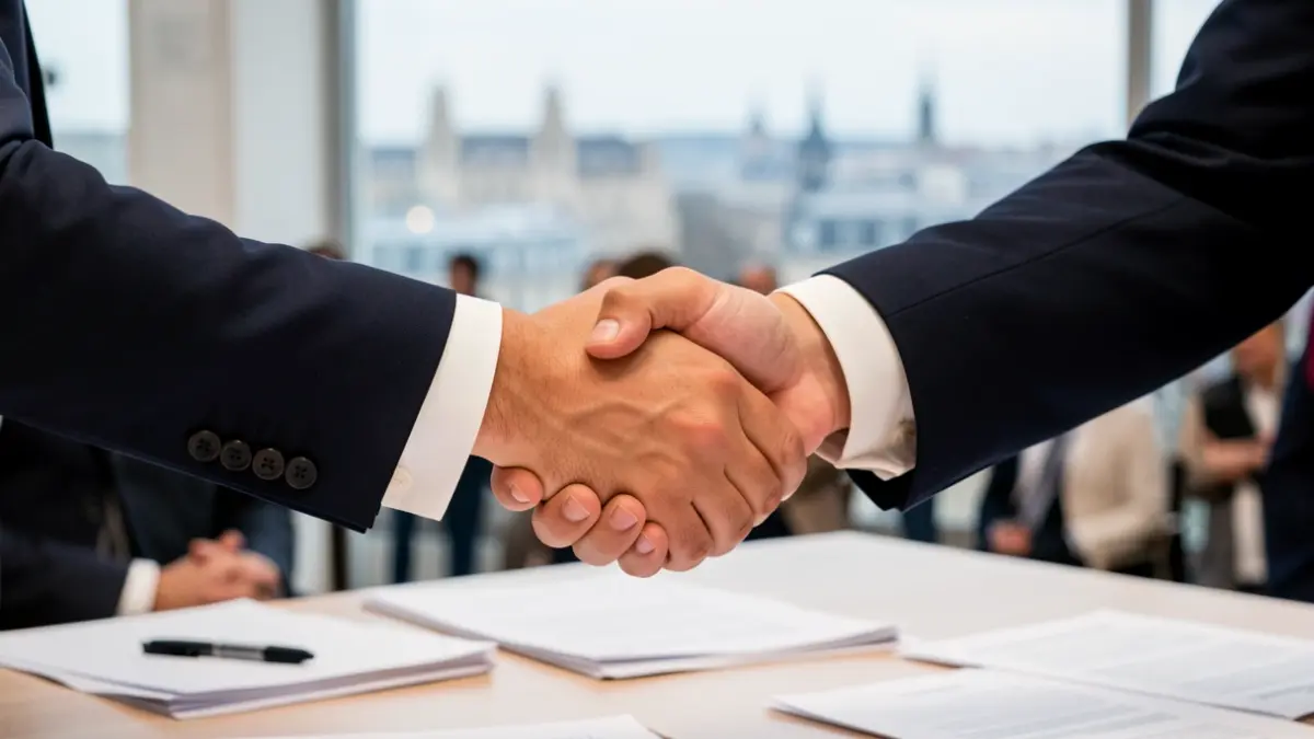 Image of a handshake between two people in suits over a desk, symbolizing a business recognition.