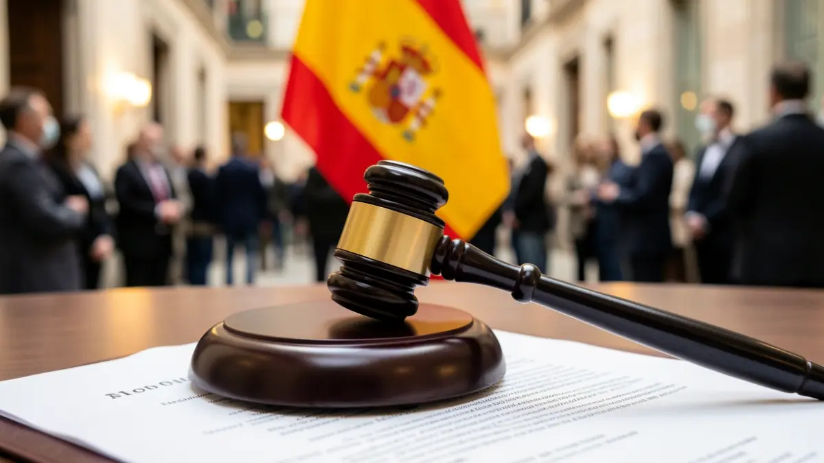 Imagen genérica de un mazo de juez sobre un documento legal con la bandera de España desenfocada.