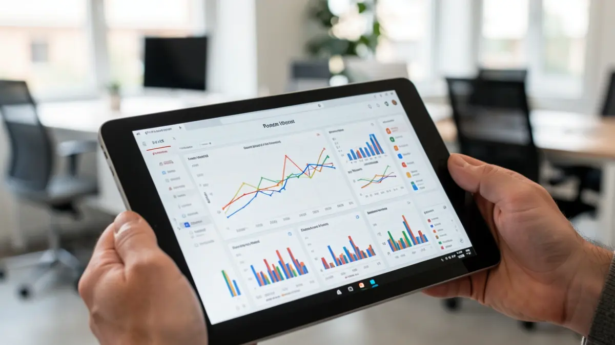 Primer plano de una tablet mostrando una interfaz digital compleja con gráficos y datos, sostenida por manos con fondo difuminado de una oficina moderna en Madrid.