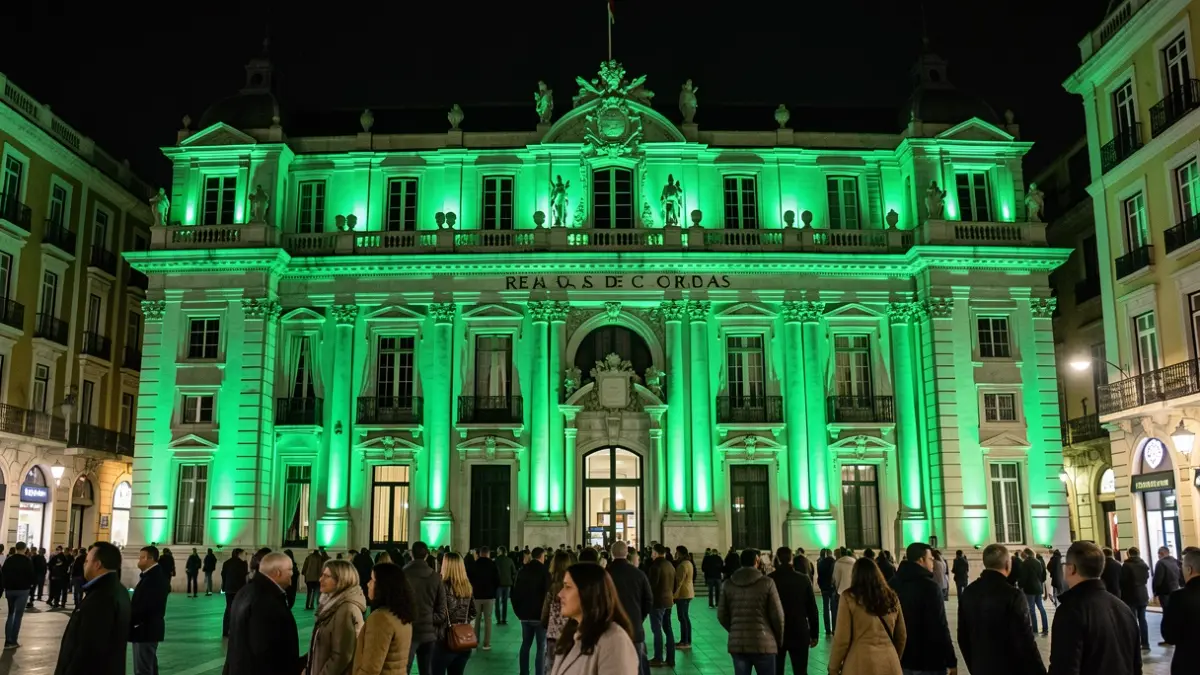 Facade of the Real Casa de Correos illuminated in green.