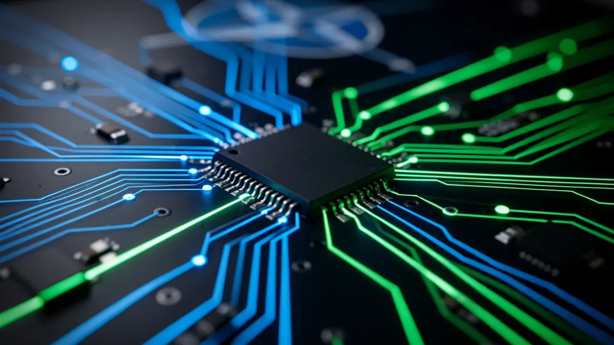 Imagen genérica de una placa de circuito electrónico con líneas de luz azules y verdes, representando innovación en tecnología de defensa.