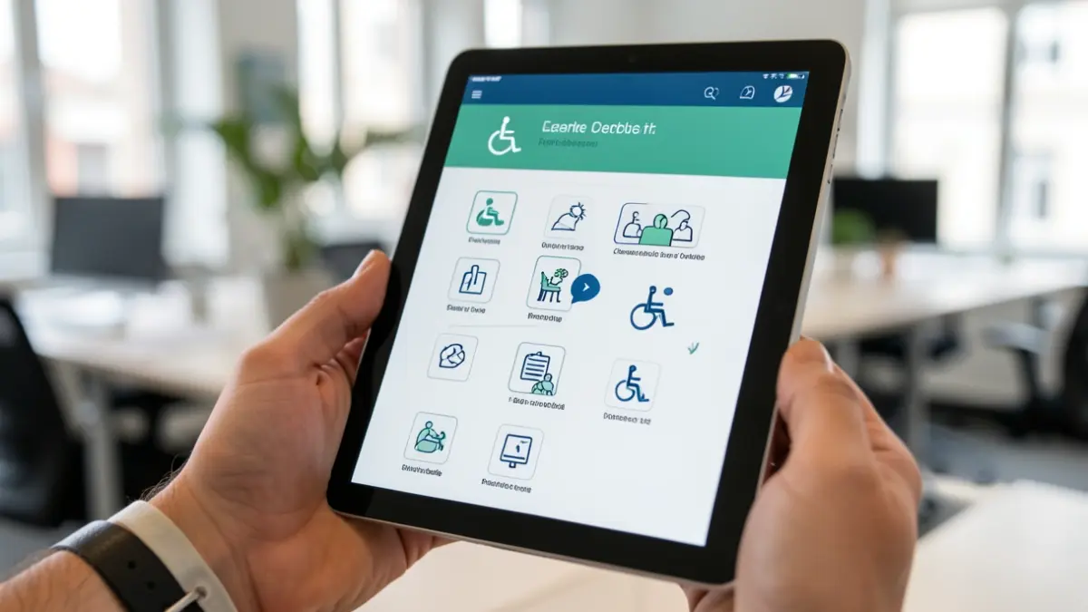Generic image of a hand using a tablet with a simplified, high-contrast user interface.