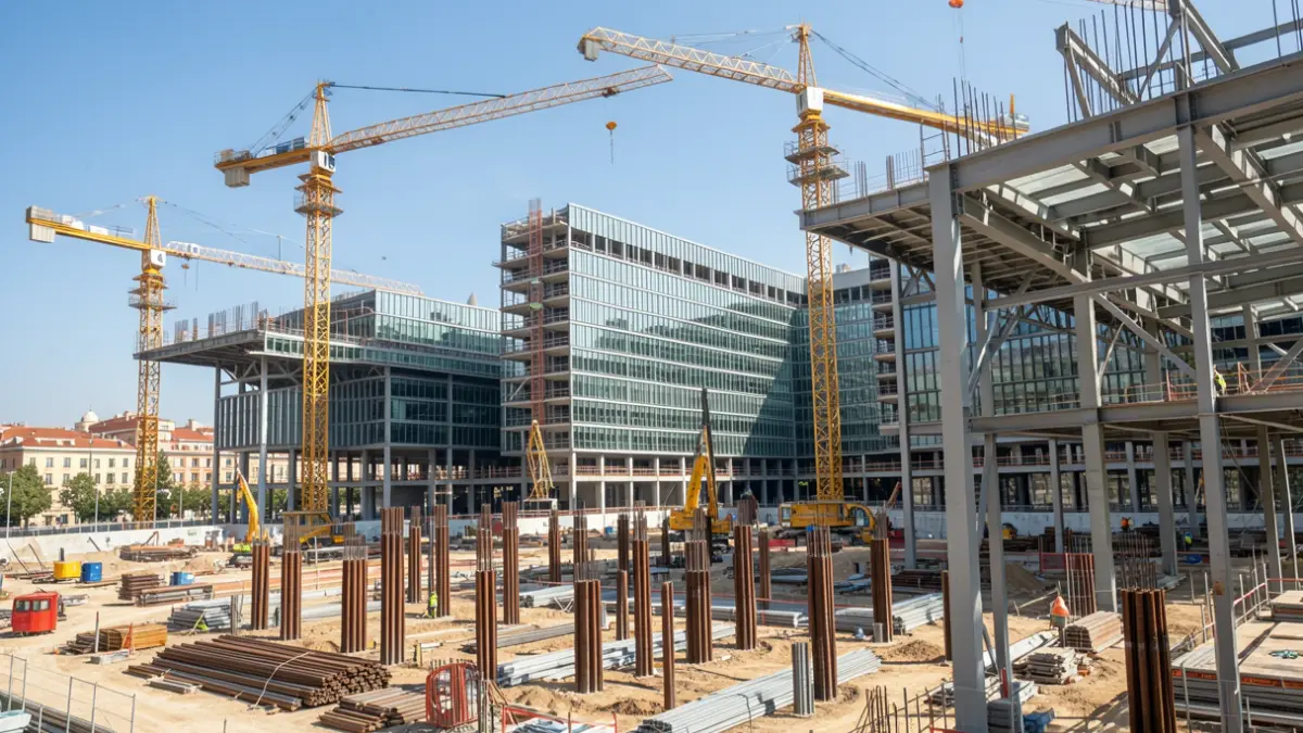 Generic image of a construction site in Madrid, with cranes and building structures.