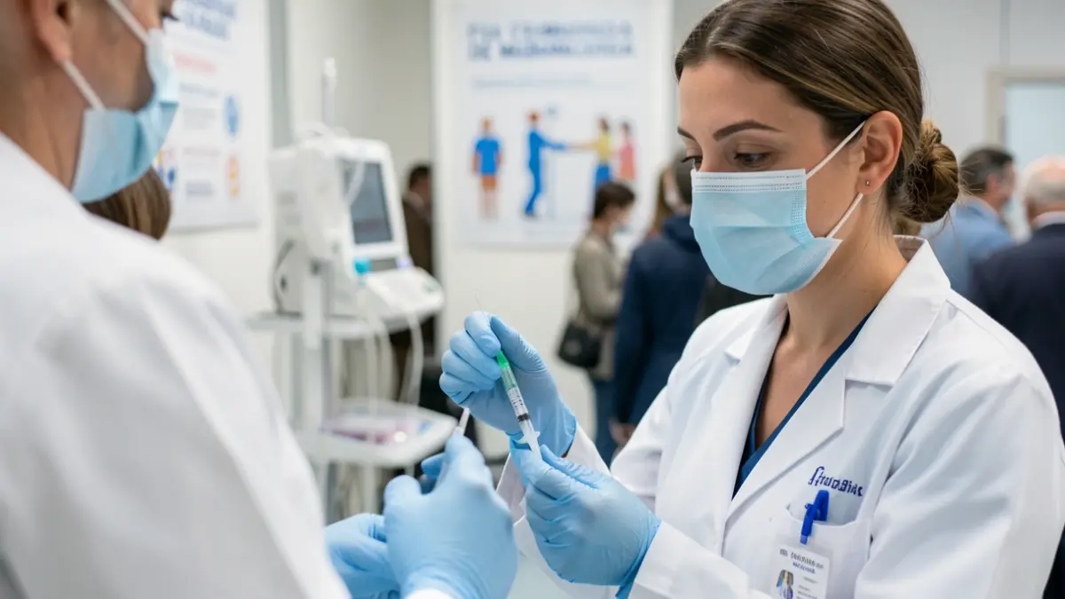 Profesional sanitario administrando una vacuna contra la gripe en un centro de salud de la Comunidad de Madrid.