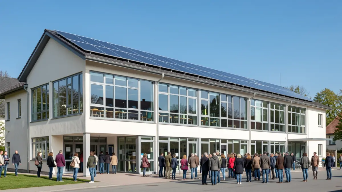 Imagen genérica de la fachada exterior de un edificio escolar público moderno con paneles solares en el tejado y un cielo azul despejado.