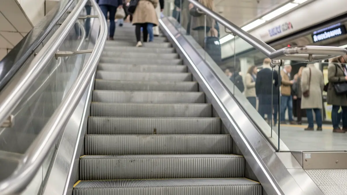 Generic image of the steps and handrail of a modern escalator in a subway station.