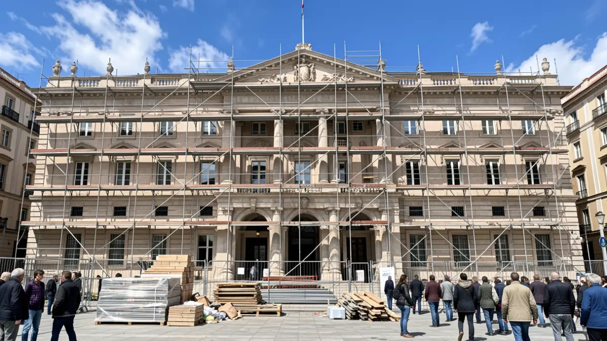 Fachada de un instituto público en Madrid en obras de rehabilitación.