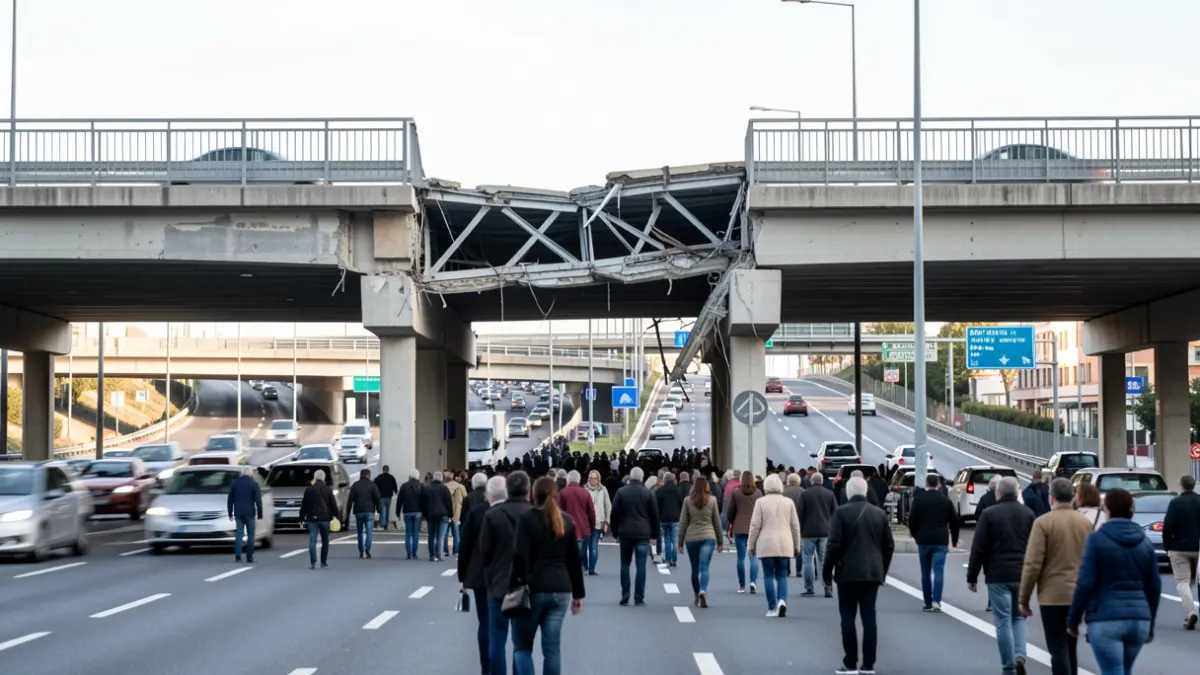 Image of the damaged pedestrian overpass on the M-500 in Madrid.