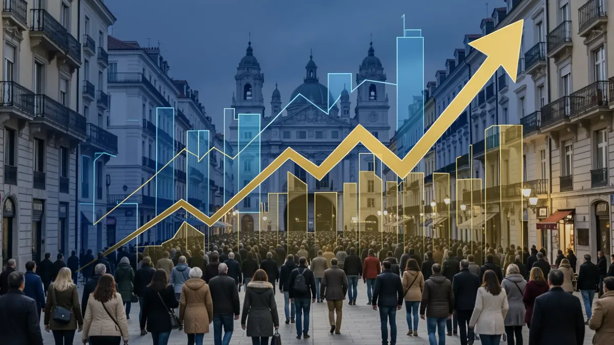 Imagen genérica de crecimiento económico en Madrid con gráficos y silueta urbana.