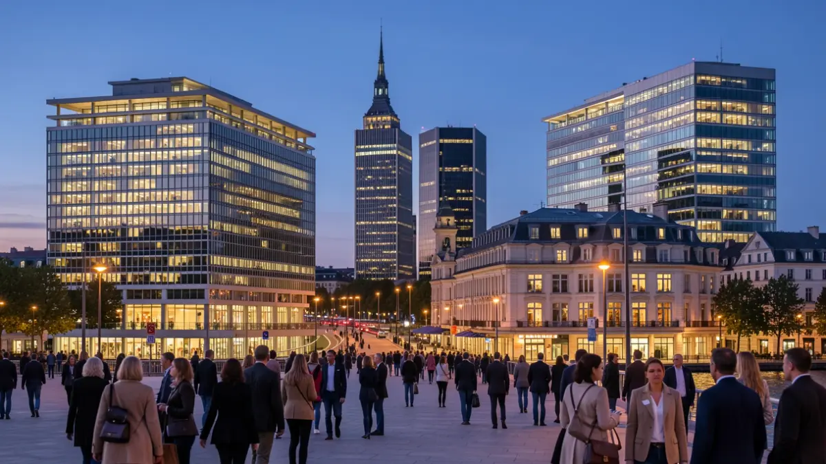 Imagen genérica de un horizonte urbano europeo con edificios de conferencias y hoteles iluminados al atardecer.