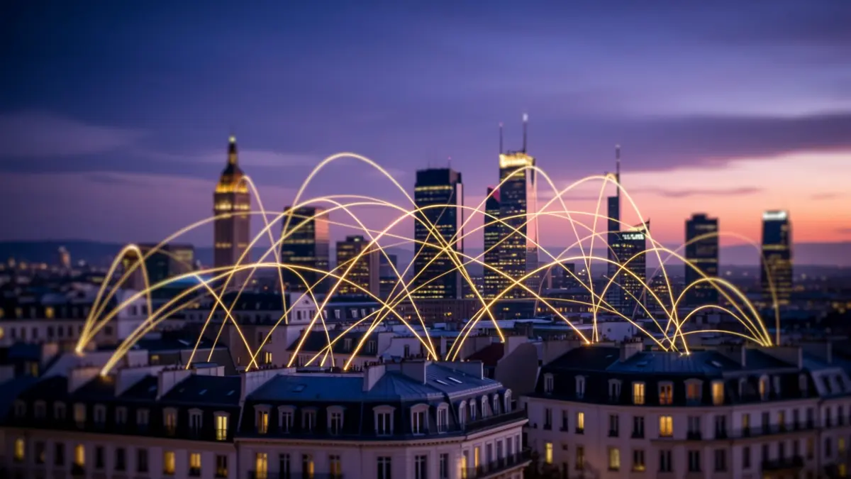 Generic image of a stylized urban skyline at dusk with glowing golden lines connecting buildings.