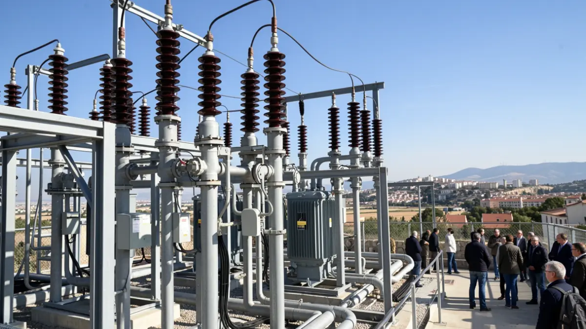 Generic image of an electrical substation with transformers and high-voltage lines.