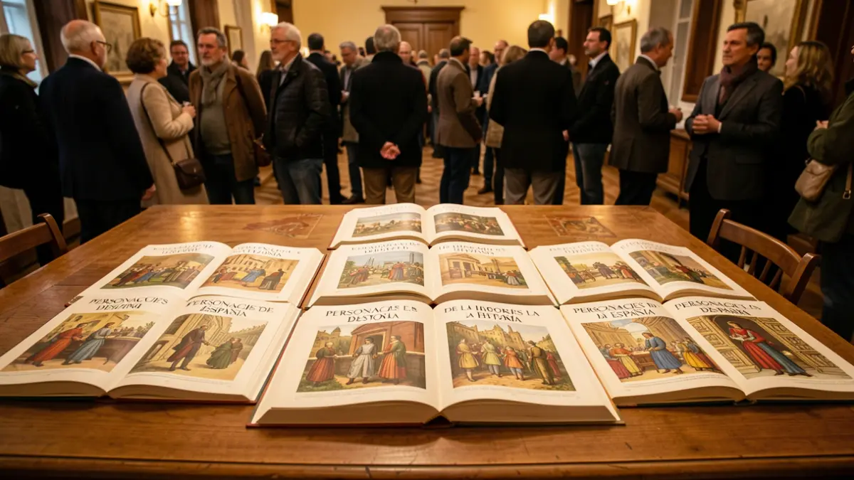 Collection of school books about Spanish historical figures with illustrations.