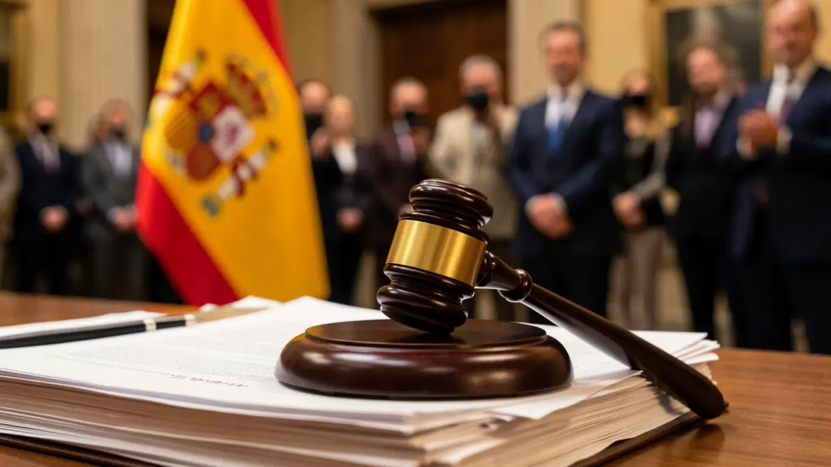 Generic image of a judge's gavel on legal documents with a blurred Spanish flag in the background.