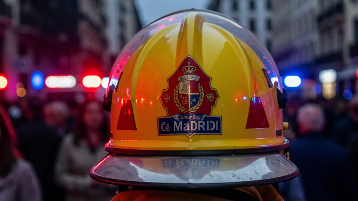 Firefighter's helmet with the Comunidad de Madrid emblem and reflected emergency lights.