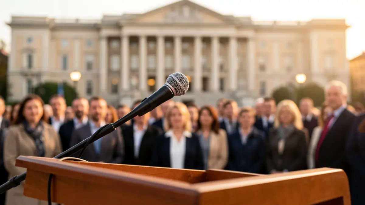 Generic image of a microphone on a podium during a press conference.