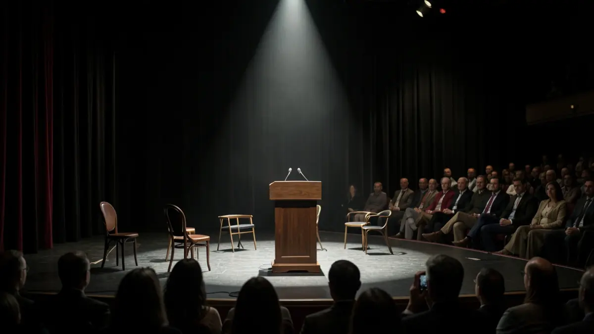 Generic image of a theater stage with a spotlight on an empty podium and scattered chairs.