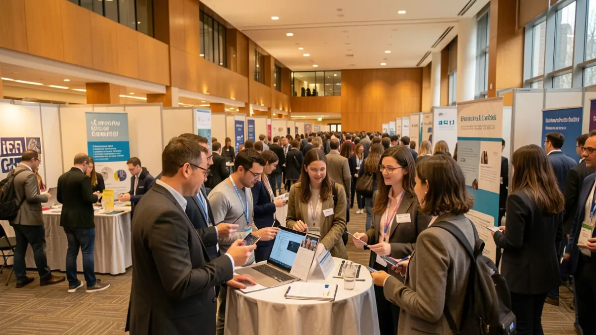Generic image of a university career fair with students and company representatives.
