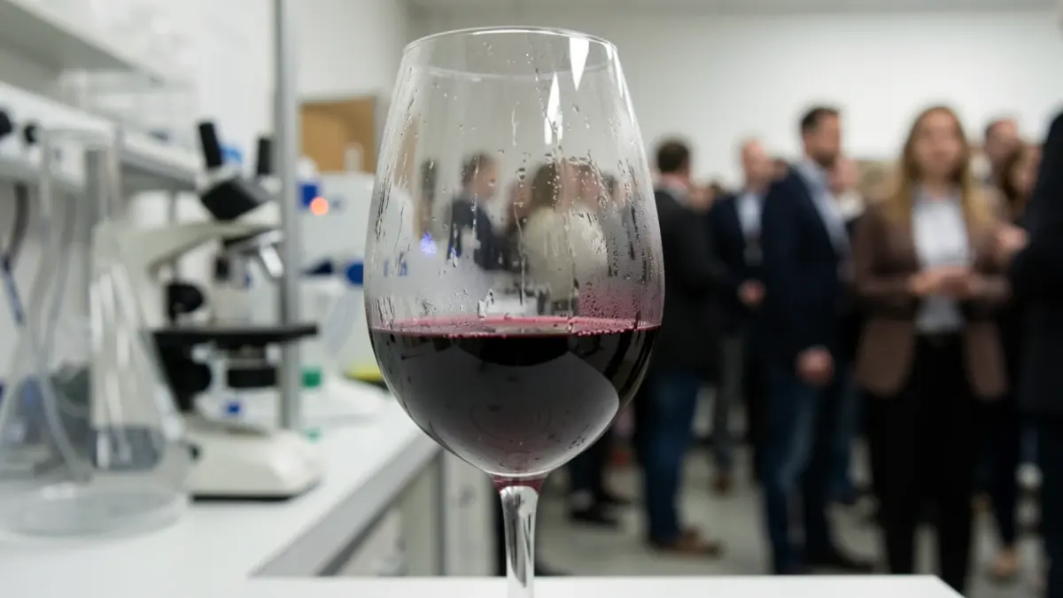 Primer plano de una copa de vino tinto con gotas de condensación, con un fondo de laboratorio científico desenfocado.