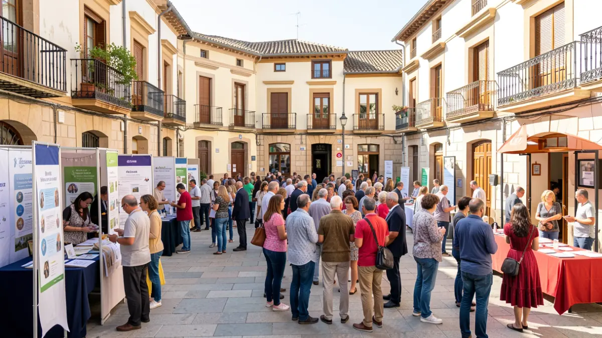 Imagen genérica de una plaza española con gente, puestos informativos y escenarios.