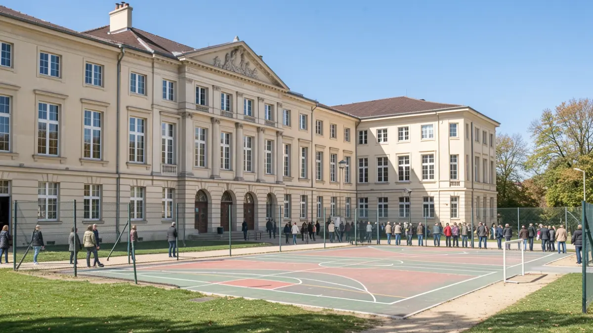Imagen genérica de la fachada de un colegio público con zonas deportivas y espacios exteriores.
