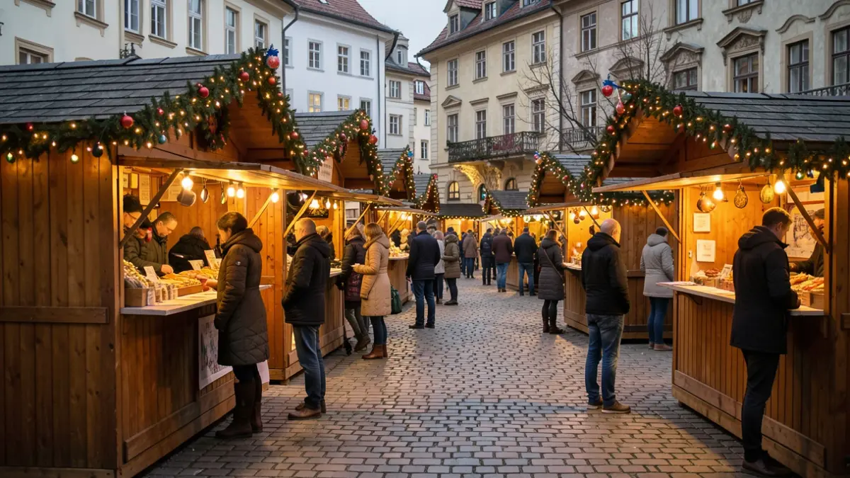 Generic image of festive Christmas market stalls with lights in a town square.