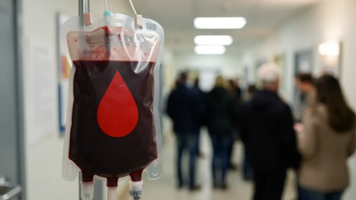 Generic image of a blood bag with a red drop symbol, in a medical facility interior with soft lighting.
