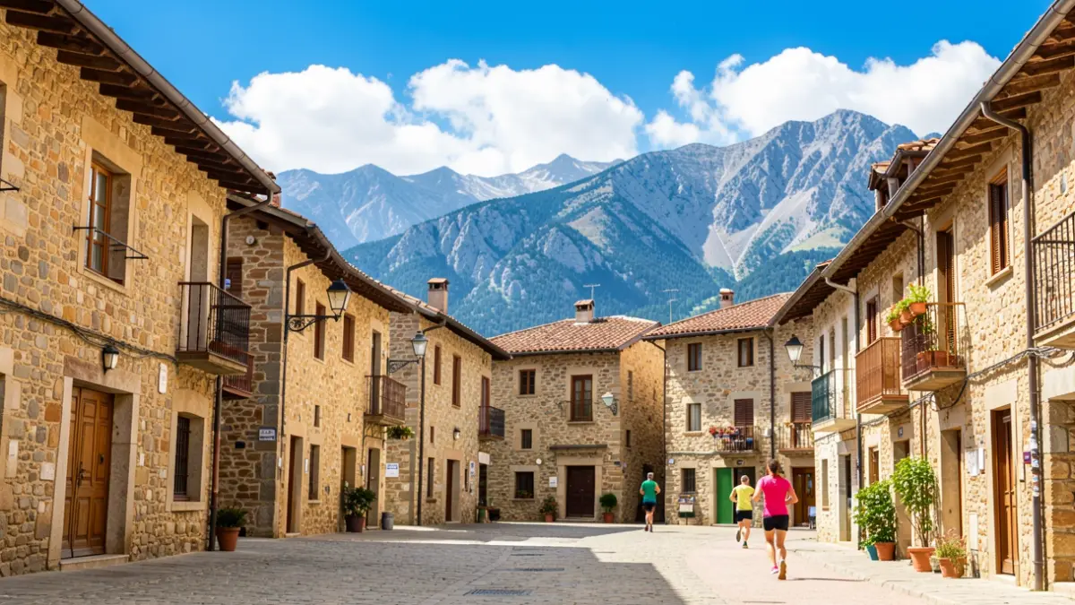 Generic image of a town square in the mountains with distant runners.
