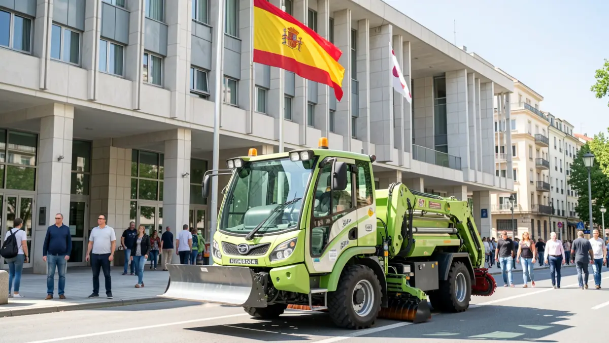 Generic image of a new municipal vehicle for gardening and cleaning parked in front of a town hall.