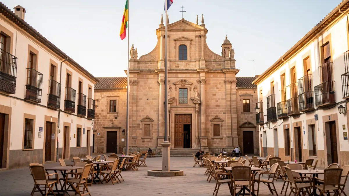 Plaza de un municipio español con fachada de iglesia y mástil, bajo la luz del sol de la tarde.